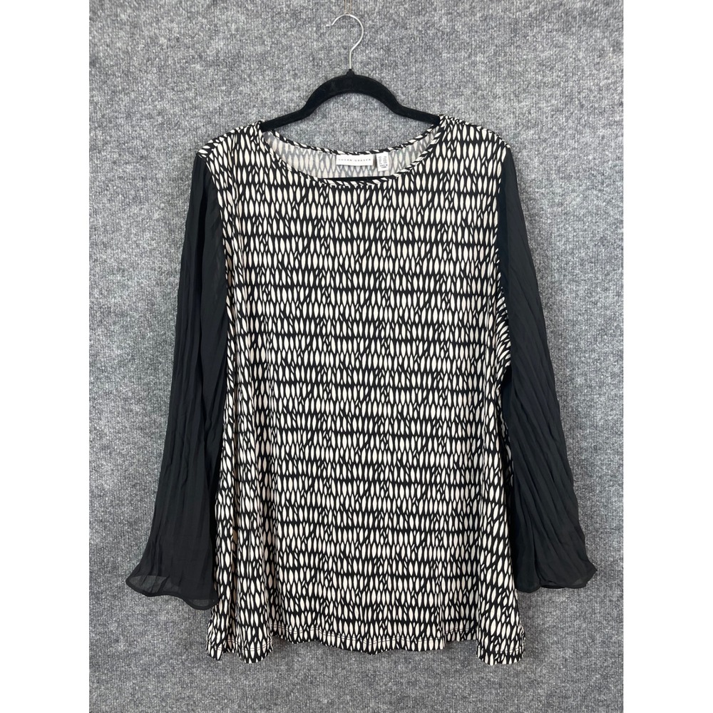 Susan Graver Tunic Top Womens 2X Black White Excellent Pleated Chiffon Sleeve